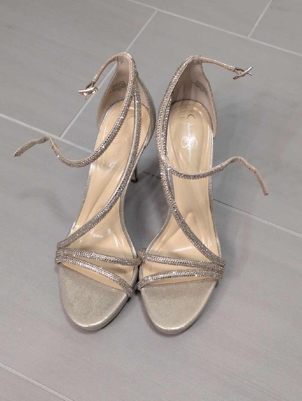 Jessica Simpson Champagne Glitter Strappy Ankle-Tie Heels